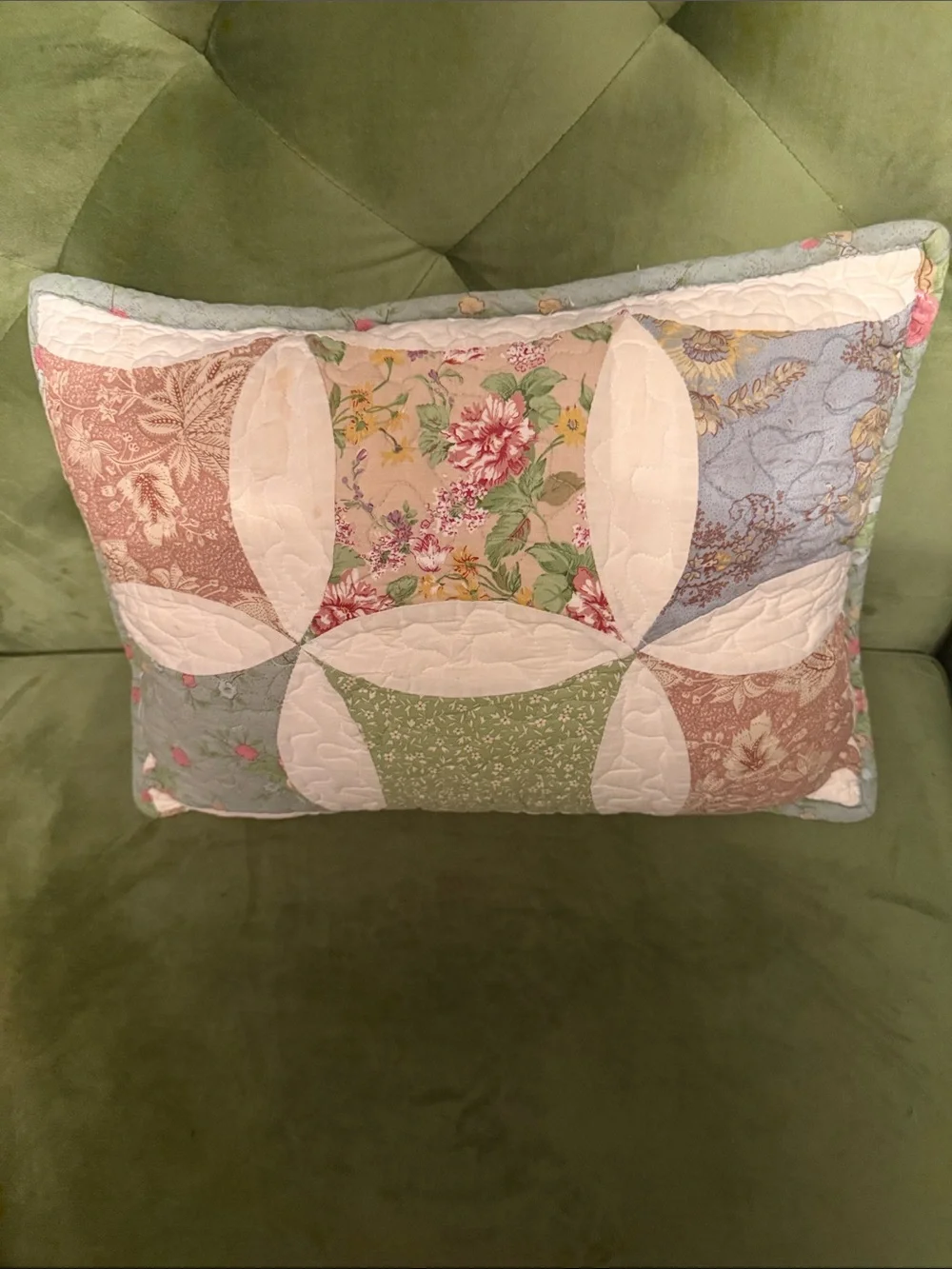 Vintage Patchwork Floral Quilted Pillow in Green, Pink & Blue